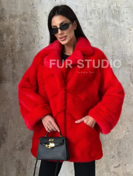 Красный полушубок из натурального меха норки - фото 0