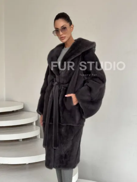 Зимняя норковая шуба с капюшоном - цвет графит - фото 7