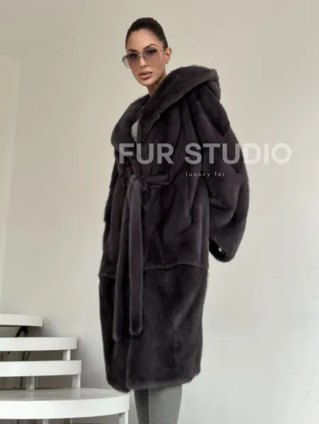 Зимняя норковая шуба с капюшоном - цвет графит - фото 4