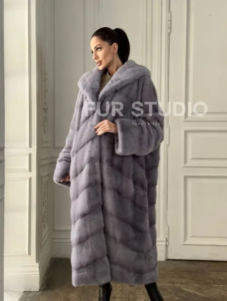 Длинная голубая норковая шуба с капюшоном PLUS SIZE - фото 7