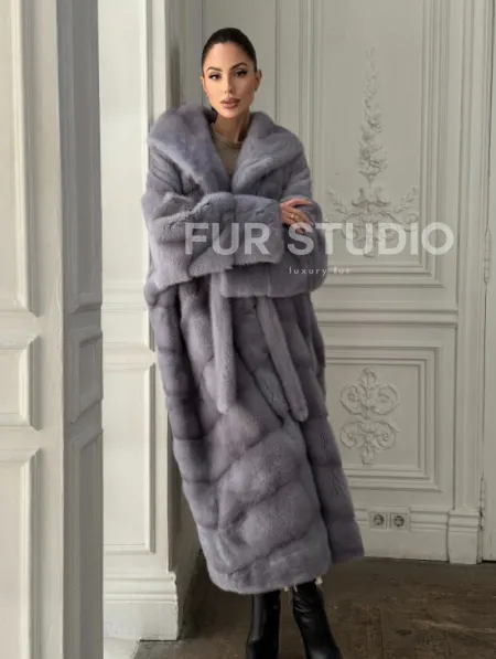 Длинная голубая норковая шуба с капюшоном PLUS SIZE - фото 3