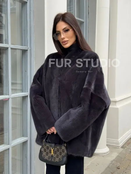 Графитовый норковый жакет с V-образным воротником - фото 5