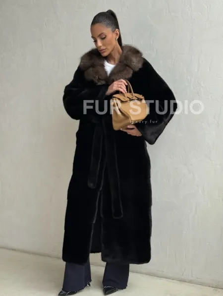 Черная норковая шуба - воротник куница - фото 7