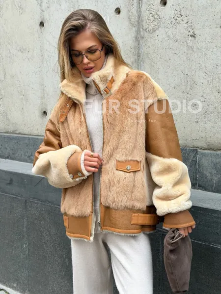 Комбинированная дубленка из овчины и норки - фото 8