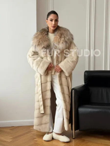 Длинная норковая шуба - капюшон из меха рыси - фото 11