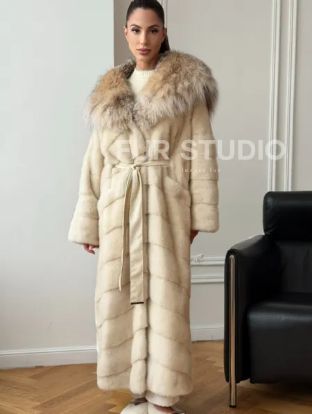 Длинная норковая шуба - капюшон из меха рыси - фото 5