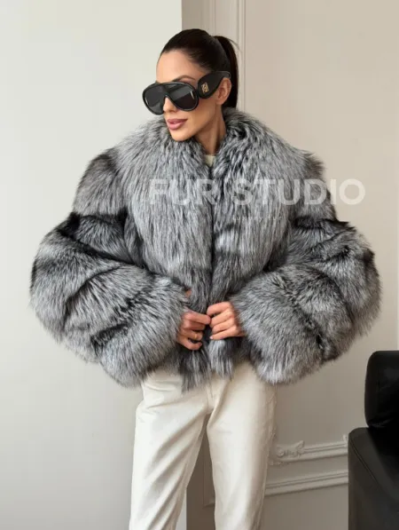 Кроп-полушубок с шалевым воротником из чернобурки - фото 11