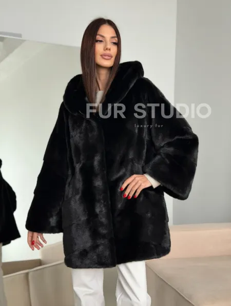 Норка шуба BLACKGLAMA паркет кимоно с капюшоном - фото 10