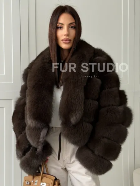 Полушубок-кроп из песца с шалевым воротником - фото 0