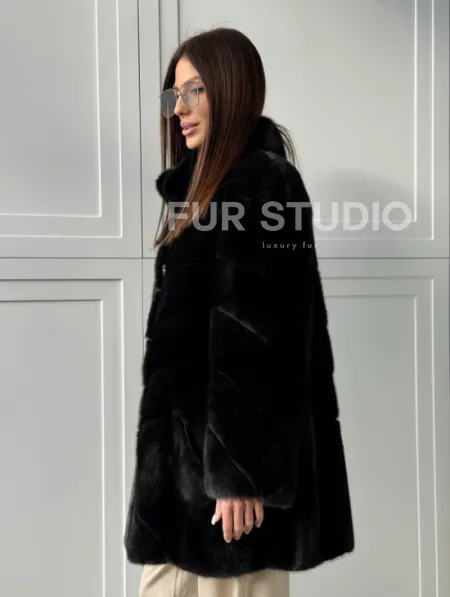 Черная норковая шуба - стойка воротник - фото 10