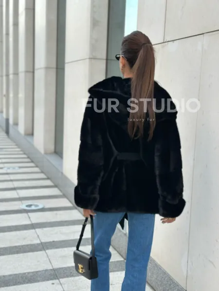 Черная норковая шуба с капюшоном - автоледи - фото 4