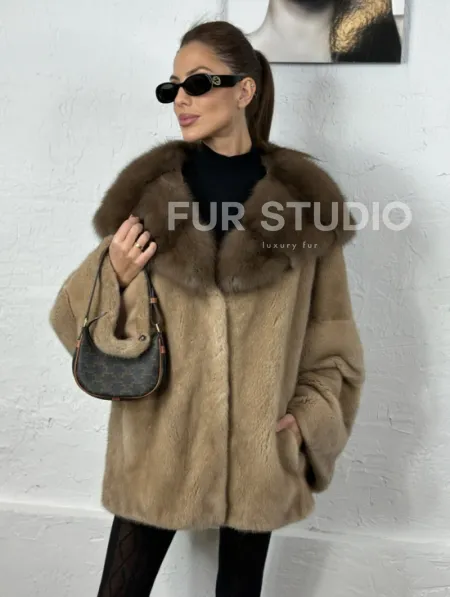 Норка автоледи с капюшоном куница - цвет пастель - фото 1