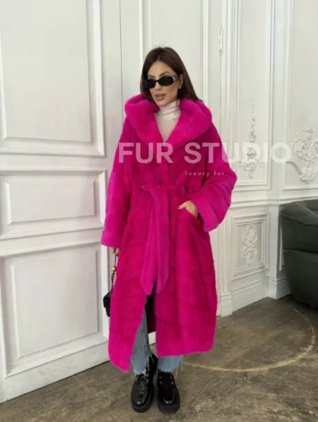 Норка кимоно с капюшоном, паркет - цвет фуксия - фото 6