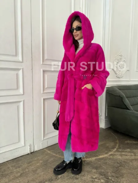 Норка кимоно с капюшоном, паркет - цвет фуксия - фото 3