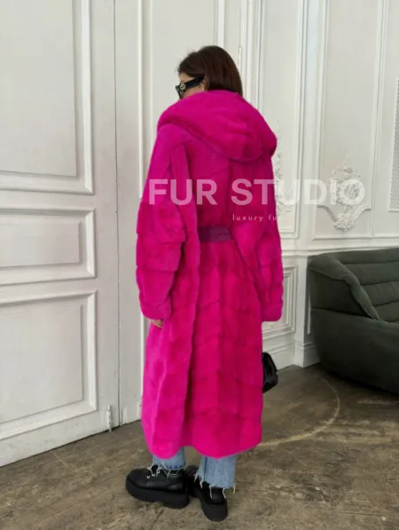 Норка кимоно с капюшоном, паркет - цвет фуксия - фото 4