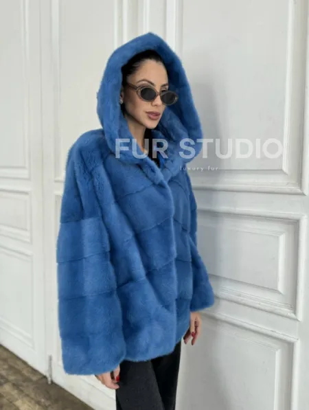 Норковый полушубок с капюшоном, паркет - цвет васильковый - фото 0