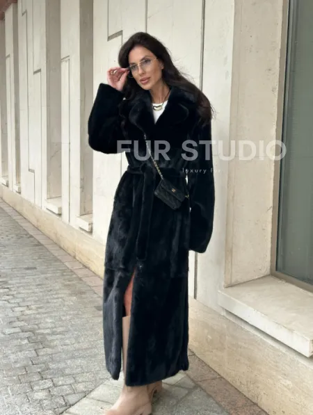 Черная норковая шуба NAFA MINK с поясом в пол - фото 12