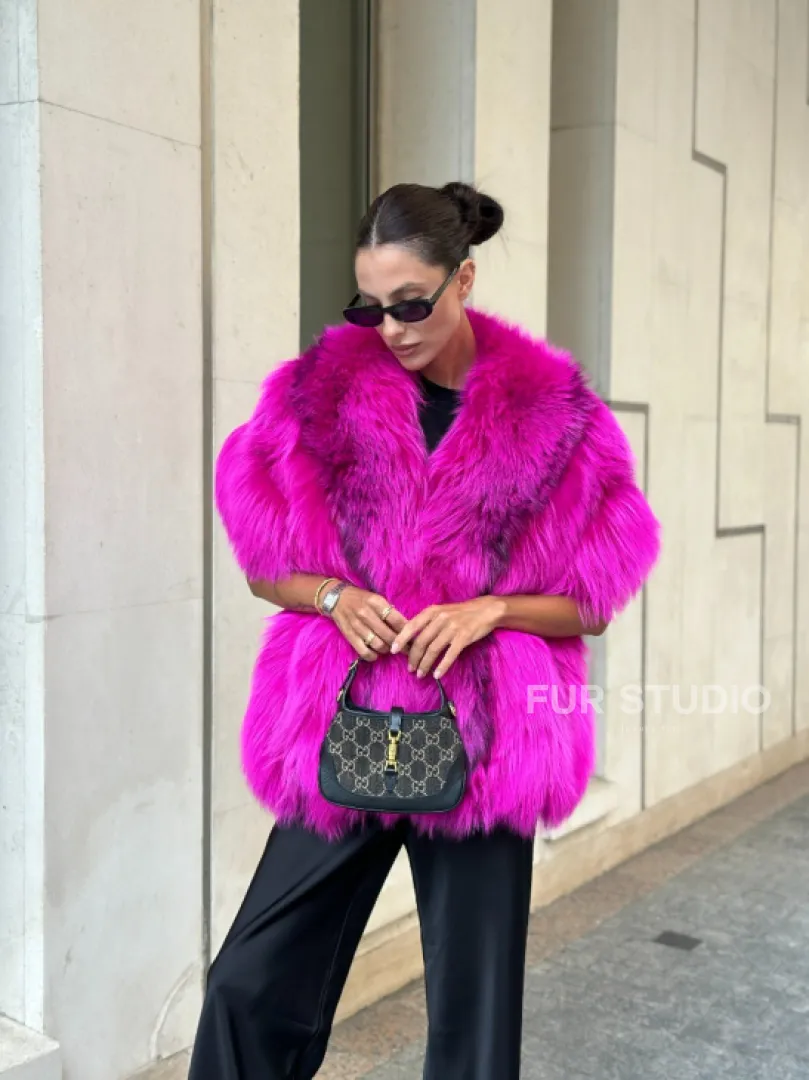 Накидка - палантин из меха чернобурки - фуксия - фото 3