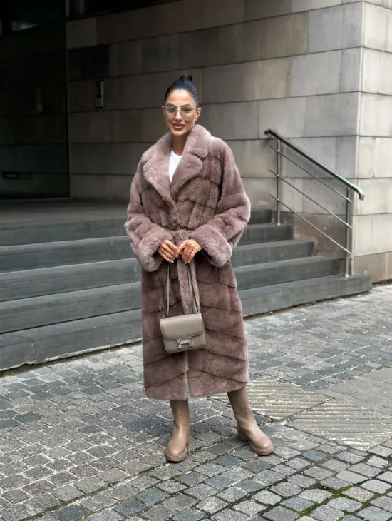 Шуба из меха норки с английским воротником - цвет пыльная роза - фото 9