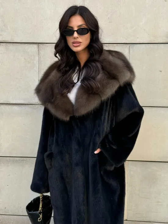 Шуба из норки Saga furs с капюшоном куницы, цельный мех - TOTAL BLACK - фото 8