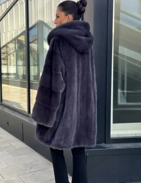 Норковая шуба с капюшоном,  роспуск - темный графит - фото 2