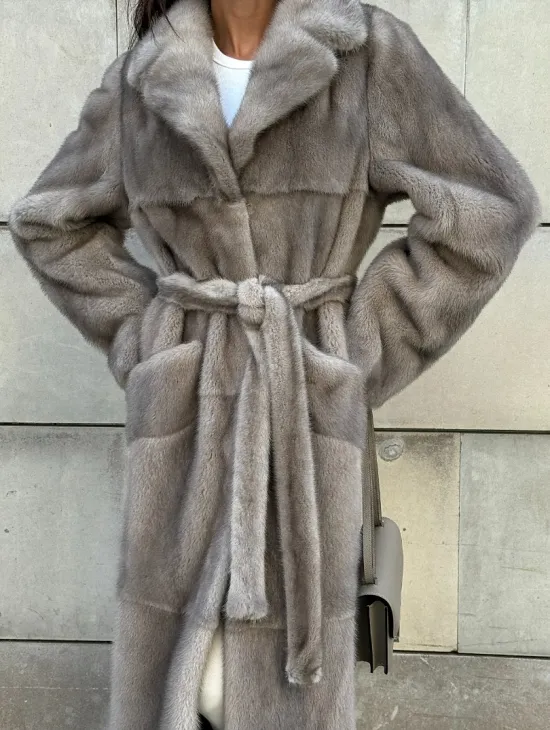 Норковая шуба цельный мех с поясом Luxury Line - цвет silver - фото 6