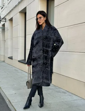 Меховое пальто из каракуля Graphite V-образный воротник - фото 10