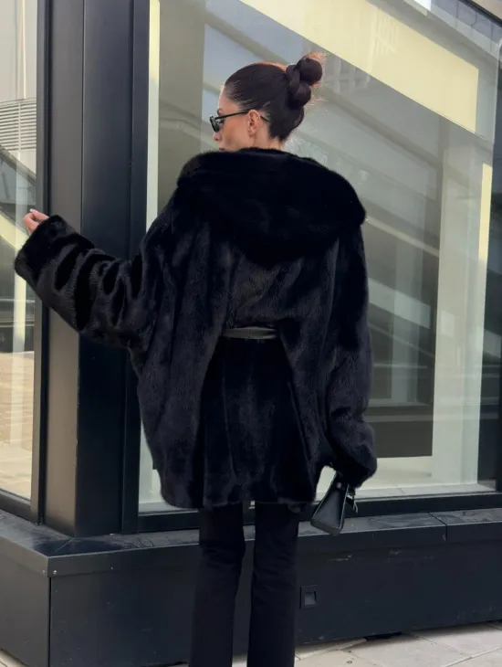 Шуба норковая натуральная с капюшоном кобра - накладные карманы - фото 4