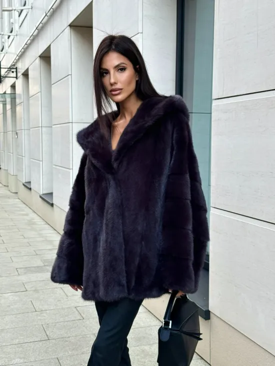 Меховое полупальто из аукционной норки с капюшоном Dark violet - фото 3