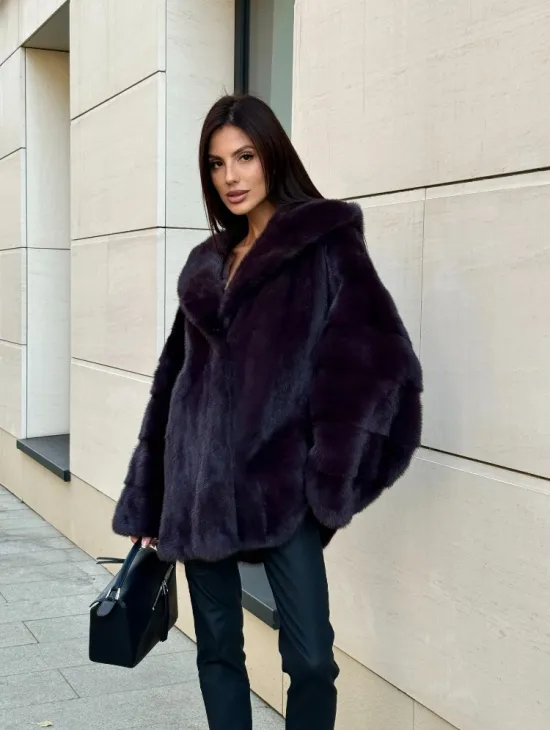Меховое полупальто из аукционной норки с капюшоном Dark violet - фото 8