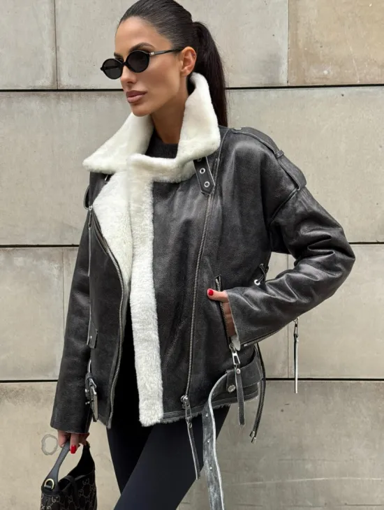 Коротка женская дубленка Vintage Grey из белой овчины мериноса, боковой шнуровкой и накладной пояс - фото 5