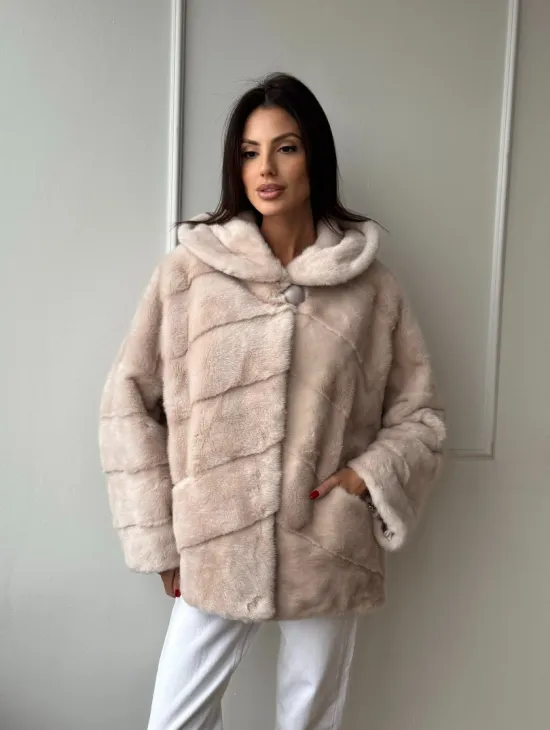 Меховая куртка - шуба из меха норки с капюшоном в цвете пудра - фото 9