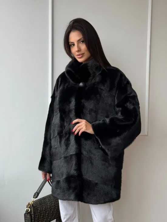 Черный полушубок из натурального меха, стойка воротник - фото 0