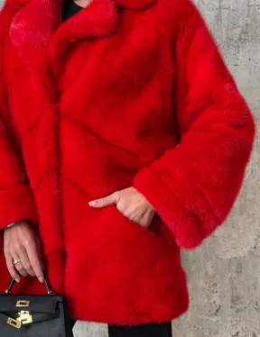 Красный полушубок из натурального меха норки - фото 1