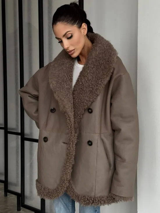 Женская двусторонняя дубленка из натуральной кожи - воротник шаль - фото 1