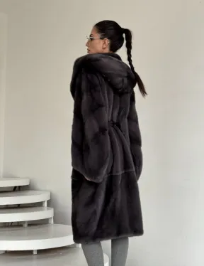 Зимняя норковая шуба с капюшоном - цвет графит - фото 9