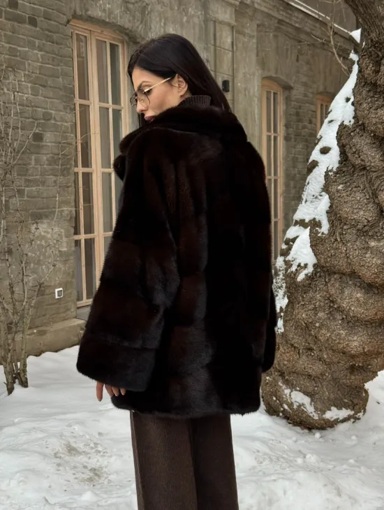 Норковое полупальто автоледи с английским воротником цвет Dark brown - фото 9