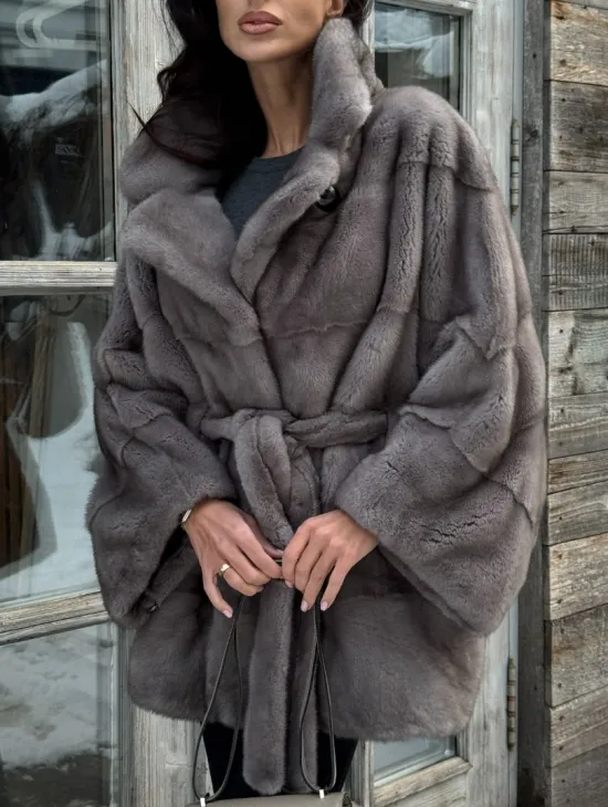 Норковая шуба в цвете графит с английским воротником - Летучая мышь - фото 1