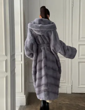 Длинная голубая норковая шуба с капюшоном PLUS SIZE - фото 6