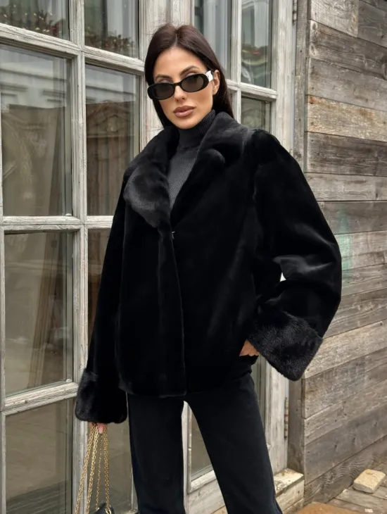 Короткий меховой полушубок из стриженной норки, английский воротник - фото 5