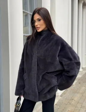 Графитовый норковый жакет с V-образным воротником - фото 8