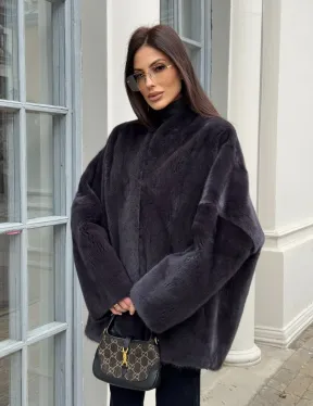 Графитовый норковый жакет с V-образным воротником - фото 5