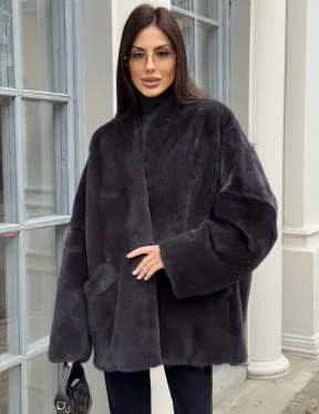Графитовый норковый жакет с V-образным воротником - фото 0