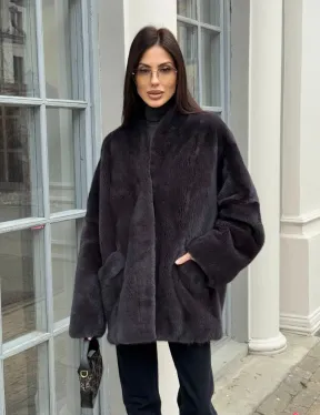 Графитовый норковый жакет с V-образным воротником - фото 6