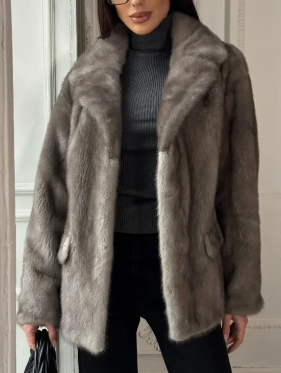 Норковый жакет классического кроя с прорезными карманами клапанами - фото 1