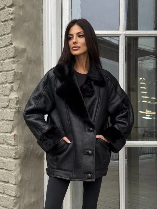 Винтажная куртка - дубленка «Total Black» с английским воротником на пуговицах - фото 11