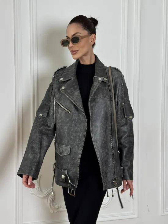 Косуха женская из натуральной кожи Vintage со шнуровкой - цвет серый - фото 9