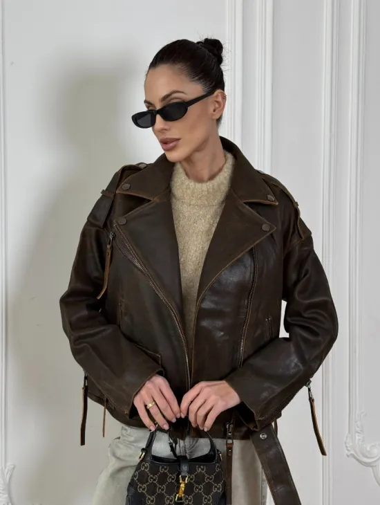 Vintage Brown кожаная куртка - косуха оверсайз с затертыми швами - фото 6