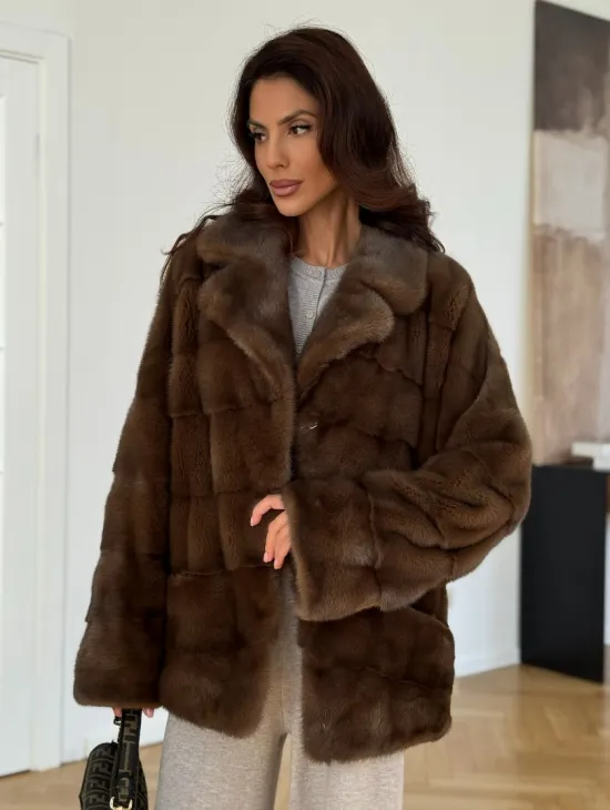 Шуба-кокон из норки с английским воротником и манжетом - фото 10