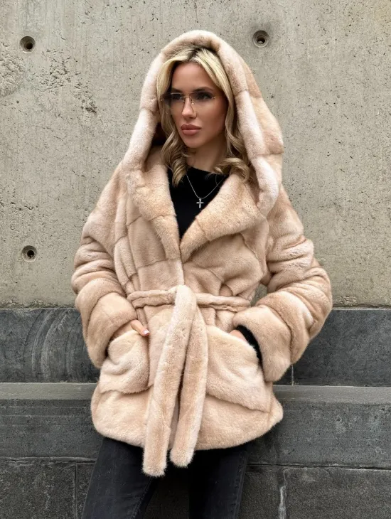 Женский норковый полушубок Premium fur с капюшоном 